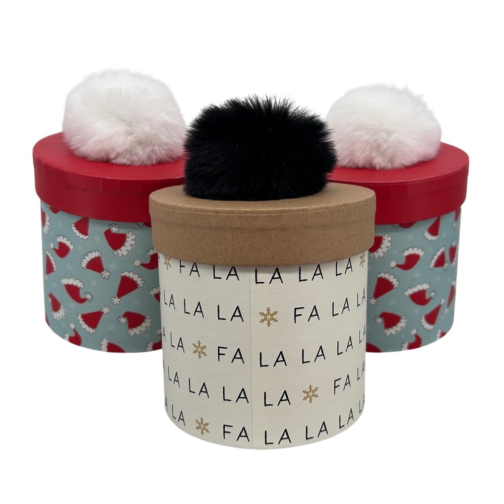 Decorative Merry Christmas Boxes (3) With Pom Poms On Top Approx. 5.75" Tall